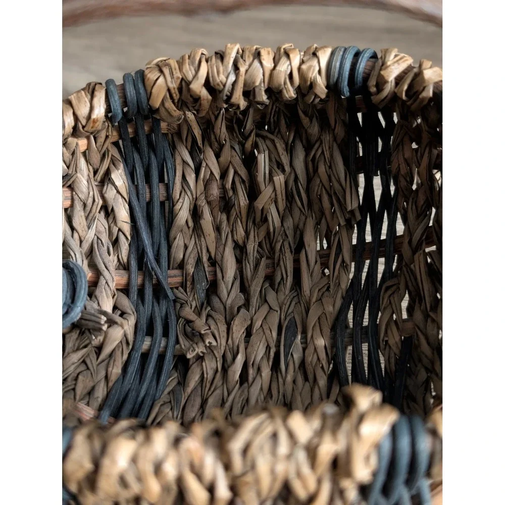 Vintage Miniature Woven Basket Blueish Green & Brown Seagrass Twig Handle Rustic